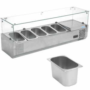 Vitrina refrigerada para ensaladas y pizzas sobre mesa